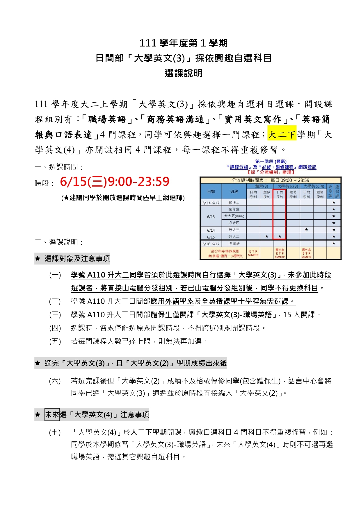 日間部大一升大二「大學英文(3)」採興趣自選科目選課說明